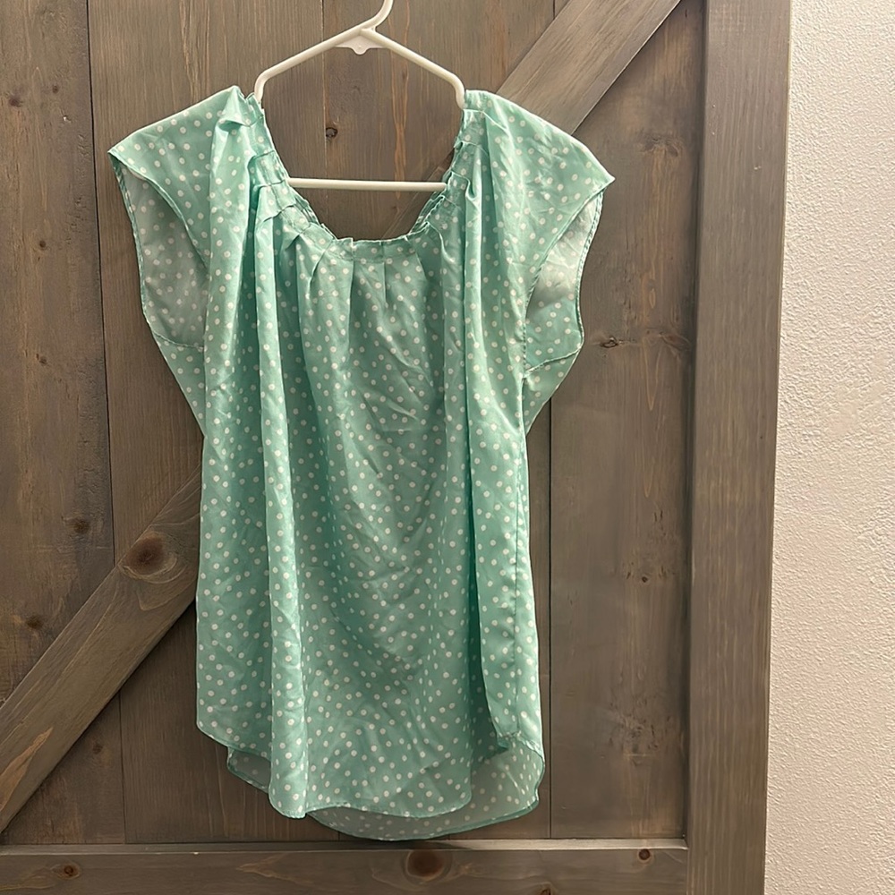 Light turquoise and white polka dot blouse